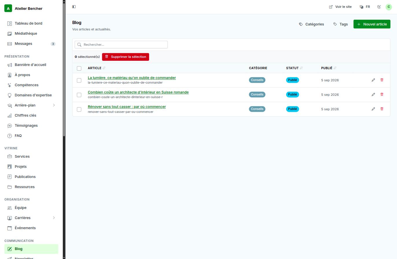 L'elenco del blog nella console: articolo, categoria, stato e data di pubblicazione, con un pulsante Nuovo articolo.